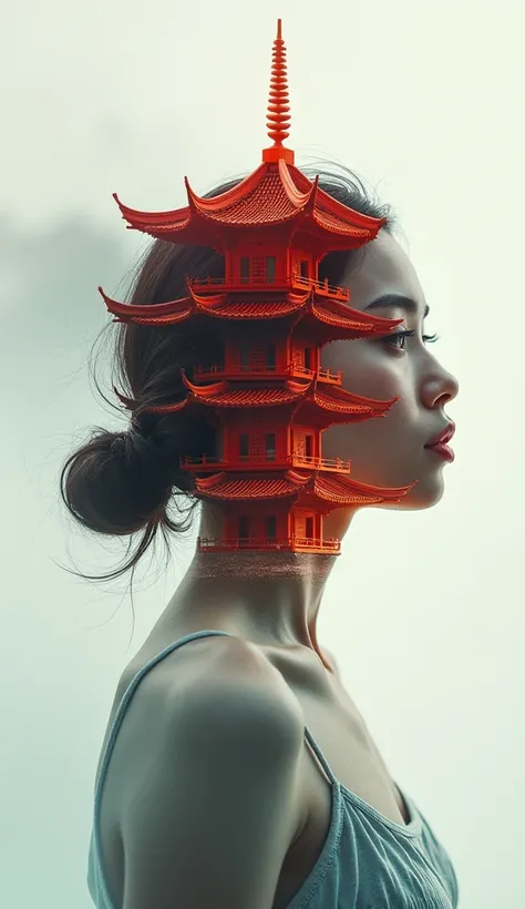 A stunning double-exposure of a young woman’s side profile blended with a traditional Chinese pagoda, the vibrant red and intricate details of the structure contrasting with her soft, pale complexion. Subtle textures and layered depth, minimalist backgroun...