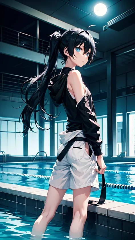 Mato from black rock shooter, at night swimming indoor pool, with moon in background, wearing a white sleeve shirt and long baggy black shorts