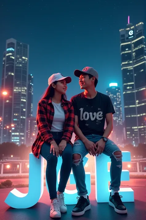 Romantic couple photo: Indonesian woman wearing a baseball cap that says A, flannel shirt, distro t-shirt that says LOVE, tight jeans, sneakers and Korean man wearing a baseball cap that says Z, flannel shirt, t-shirt that says LOVE, ripped jeans, sneakers...