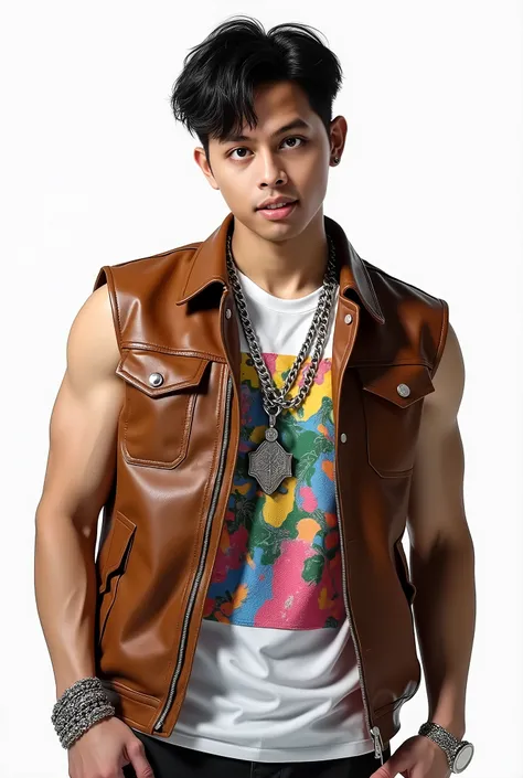 Korean male rapper with short and sporty hair. He looks very masculine. He wore a brown leather sleeveless jacket, underneath was a white round-neck T-shirt with multicolored patterns. His hands are covered with silver chains. Around his neck is a rather l...