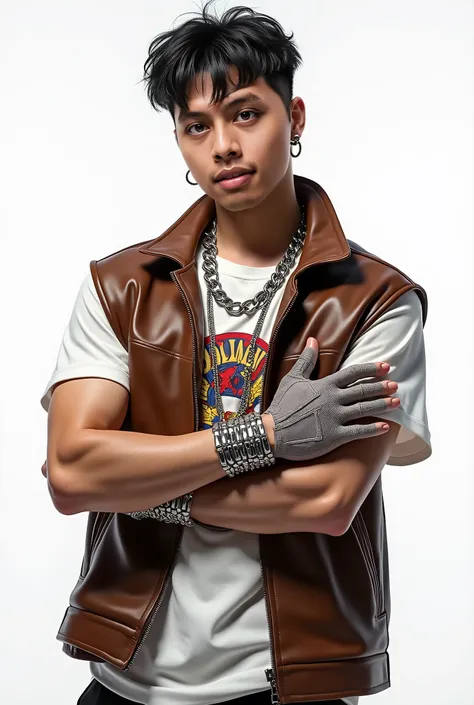 Korean male rapper with short and sporty hair. He looks very masculine. He wore a brown leather sleeveless jacket, underneath was a white round-neck T-shirt with multicolored patterns. His hands are covered with silver chains. Around his neck is a rather l...