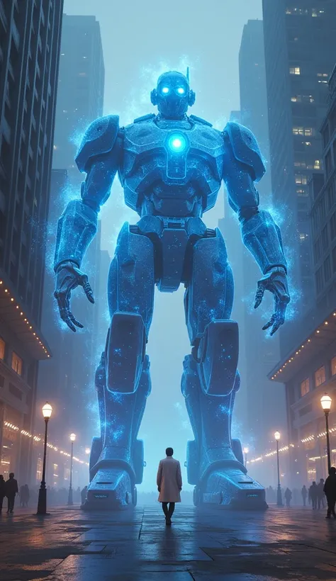 "A view of a futuristic city where a person wearing a white office coat walks next to a giant robot carrying a blue light that resembles a collection of galaxies, the exterior displays a symbol of disbelief in God with flashing lights." tinggi 100 meter