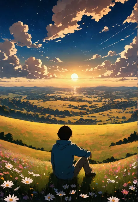 Night scene, Boy sitting on an autumn meadow with lots of clouds, A boy sitting on a cloudy autumn meadow looking at the vast sky full of cosmos, grass, sky, Makoto Shinkai Cyril Roland, 4k anime art wallpaper, 4k anime art wallpaper, Animated background, ...