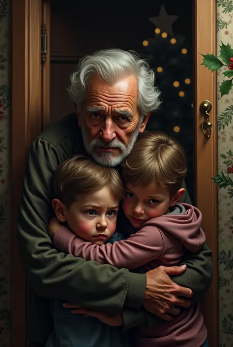 Give me an image of a grandfather hiding with his grandchildren under a cabinet and afraid but the background is at Christmas