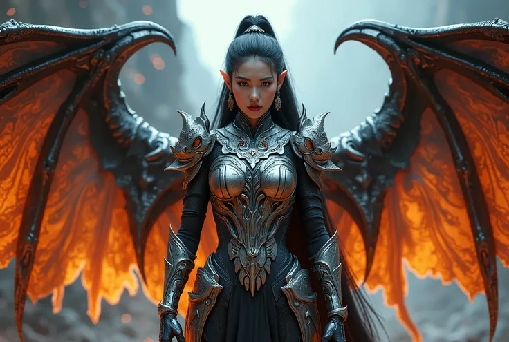 8K Octane, Cinematic, Hyperrealism, woman with Beautiful armor, with metallic big wings , cinematic, wide angle, powerfull, asian face look, glowing armor, villain look, 