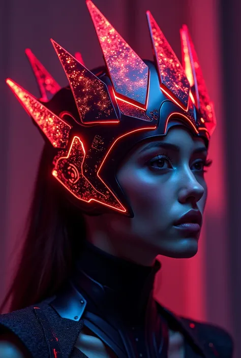 
"A futuristic crown designed for a music producer DJ, inspired by the mystical aesthetics of the Scarlet Witch, but adapted with a modern and technological style. The crown should have sharp and symmetrical lines, with a design that combines elements of p...