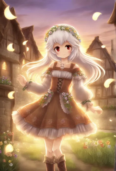 Rakifox,White Hair、  red eyes、middle ages、Town Girl Outfit  、middle ages rural background、Country girl 、Floral decoration、Light effects,sunset、 Falling Petals、 beautiful