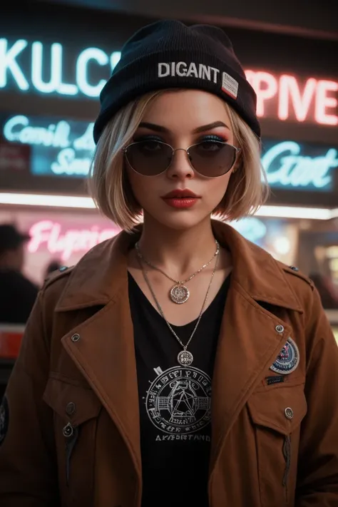 Enlarged face ,  alternative girl ,  furniture store sign looking through black sunglasses, jacket, necklace,  reflections of neon light on the skin, Sergeant, makeup,  Skin imperfections,  short hair , beanie hat, neon lights , weak light,  depth of field...