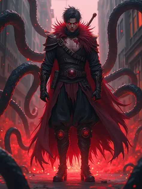 Bloodeyed anime male warrior in a gothic combat suit， Strong ， Handsome，roar，red lightning，Turn sideways，There is a flame under your feet，Standing on the streets of the end ，Twelve giant black tentacles grew from behind him，Horror atmosphere