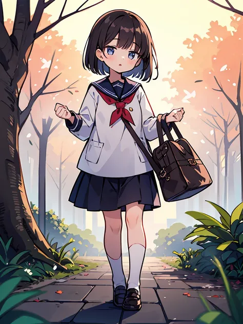 (masterpiece, best quality), 1girl, solo, outdoors , parted lips, black hair, bob cut, serafuku, brown hair, depth of field ,full body, standard height, bag