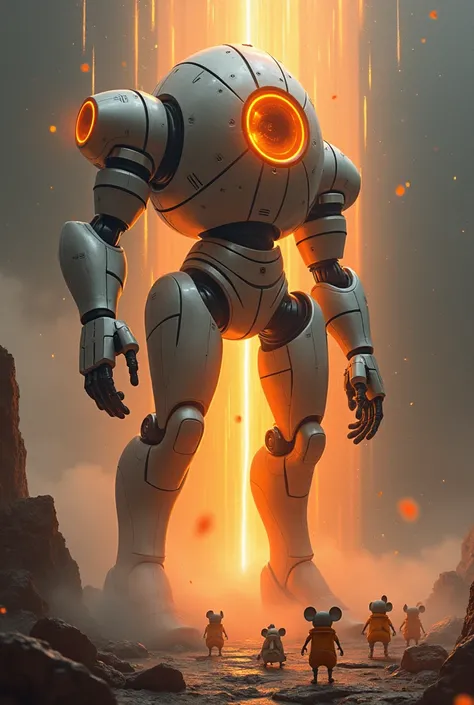 Tall robot with a rod Orange portal mice in a spacesuit 