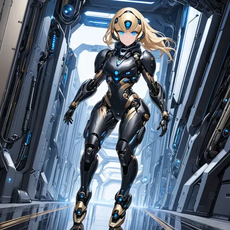 Top quality, full body, female alien biomechanical in stealth suit,,  blondes,  blue eyes, masterpiece, Charming,  Watch viewers