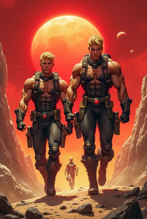 Two Brothers muscular hunk  Caucasian blond Vaughn Harris aka Awesome Boy 18 years old  and  athletic fit Caucasian blond teen boy Adrien "Dren" Bierce   patrolling planet Zaylene red sky seven moons Comic book art in the style of Alex Ross 