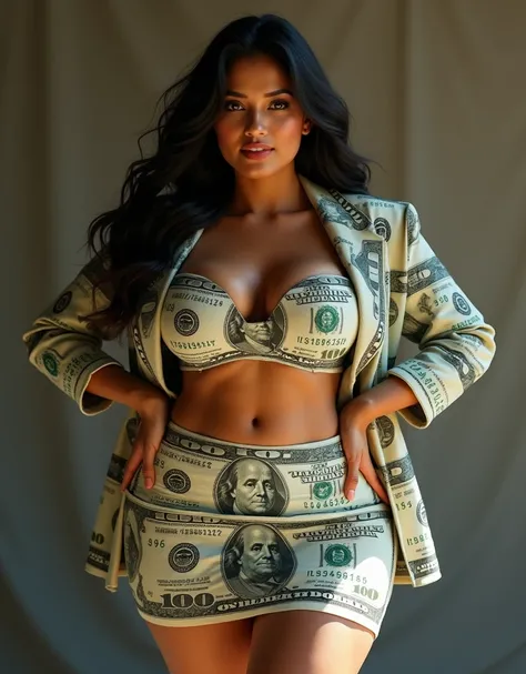 Hot, appealing, beautiful, stunning, hour glass  figure, curvy figure with hot curves, bold, and plus size Indian professional model with beautiful face (with sharp facial features). Wearing mini crop to, jacket and mini skirt sexy dress made up of dollars...