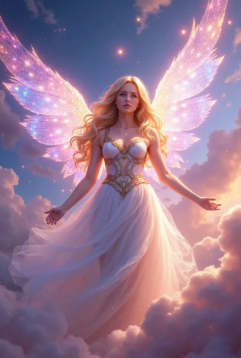 masterpiece, best quality, ultra-detailed, highly intricate, trk,ethereal fantasy art, a radiant angel with glowing, multicolored translucent wings, wearing a flowing, sparkling gown adorned with intricate golden and silver patterns, her long golden hair c...