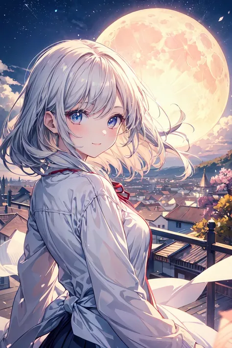  Relaxed Style ,  warm atmosphere , masterpiece,  top quality ,  Very exquisite face and eyes , With a girl,  anime style ,  dynamic angle , (Girl Staring at the Sky ), (Pleasant breezes and beautiful skies), spring,  Running,  moon, Wildflowers,  Relaxed ...