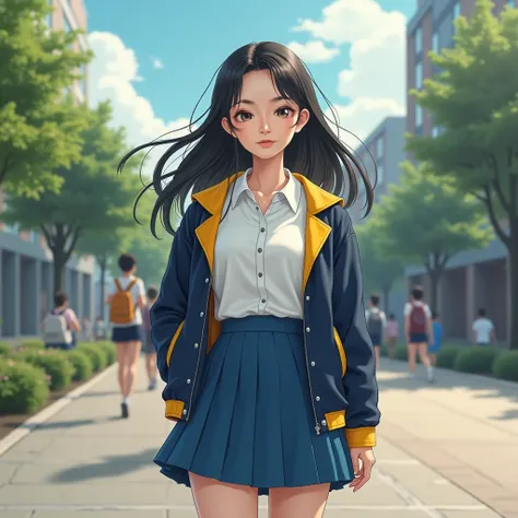 (best quality,4k,8k,highres,masterpiece:1.2),ultra-detailed, Japanese Goddess Amaterasu as a college student, Japanese woman. realistic Japanese features, Black hair, white button up top, Blue skirt with yellow accents, Dark blue jacket with yellow accents...