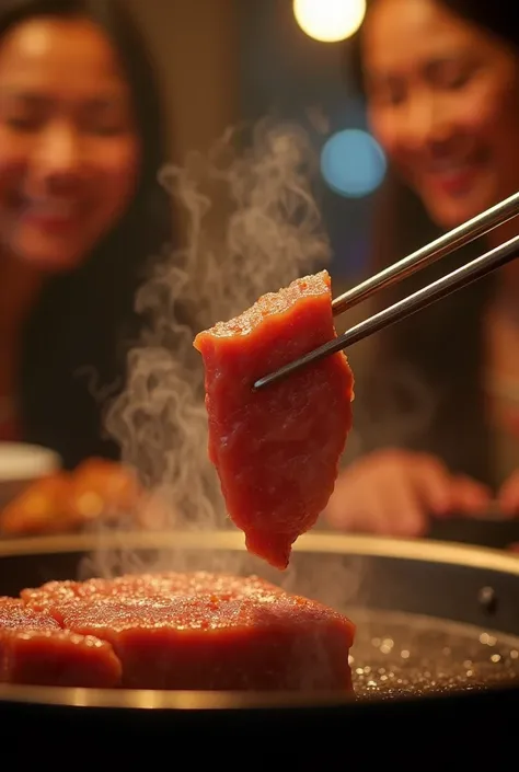 A warm and intimate Korean BBQ dining scene, soft atmospheric lighting, 8k ultra-realistic photography. A perfectly grilled piece of premium meat being lifted by silver chopsticks, with delicate steam rising. In the background, two people sharing genuine s...