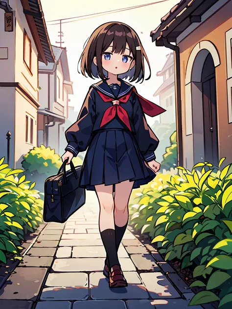 (masterpiece, best quality), 1girl, solo, outdoors , parted lips, black hair, bob cut, serafuku, brown hair, depth of field , standard height, bag, walking,