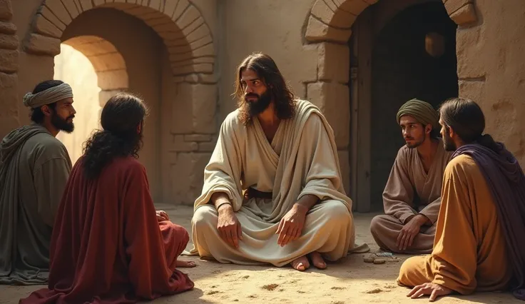 Jesus with people in an ancient house