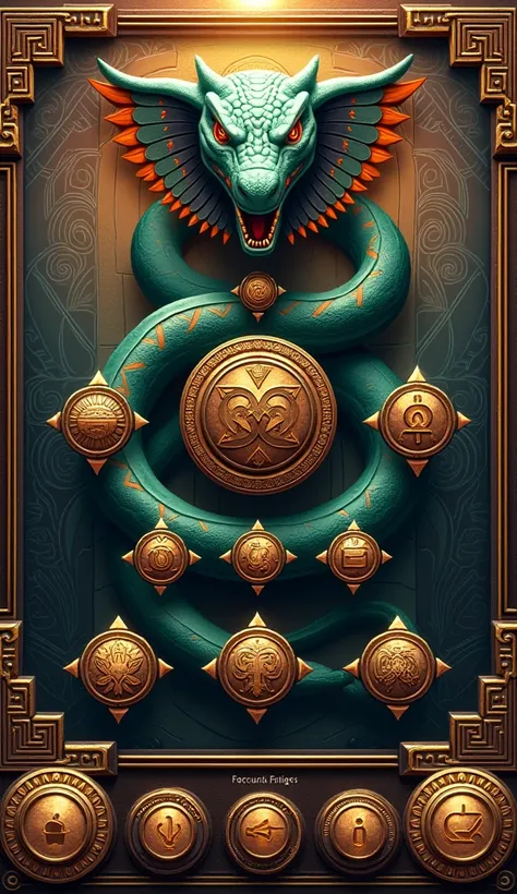 Emphasis on 2D,Hand-painted feel,METAL EDGE CONCISE AZTEC STYLE SLOT GAME UI BUTTONS AND INTERACTIVE BUTTONS AND MENU UI，complex,Serpent Totem