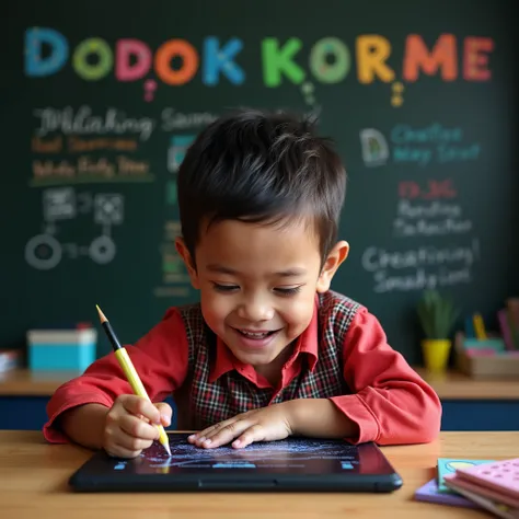  A Bangladeshi young boy joyfully drawing on the black screen writing tablet. The background should include a vibrant, playful setting. Use colorful, engaging text in a whimsical font to emphasize creativity and learning. realistic image, HD background.