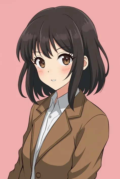 a cartoon picture of a woman with a brown jacket and a pink background, a character portrait inspired by Taiyō Matsumoto, tumblr, furry art, makoto, high quality portrait, cel - shaded art style, lofi portrait, anime style portrait, detailed character port...