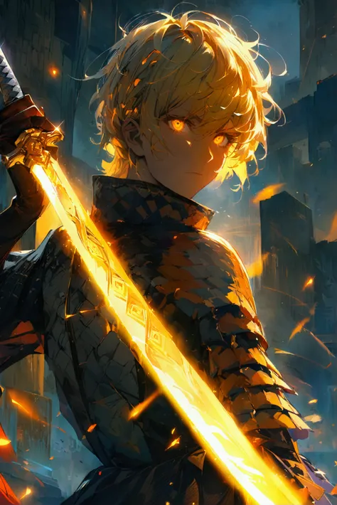 An anime-style character holding a glowing sword, illuminated by dramatic yellow and orange lighting. The character has wavy, yellow hair and wears an outfit with geometric patterns. Energy waves emanate from the sword, and glowing Japanese text is visible...