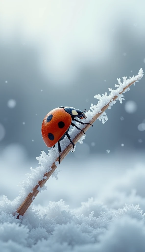 A realistic ladybug ascending a frosted blade of grass in a snowy winter field under soft gray light. The scene conveys a quiet, contemplative mood with icy details and a delicate touch of nature.