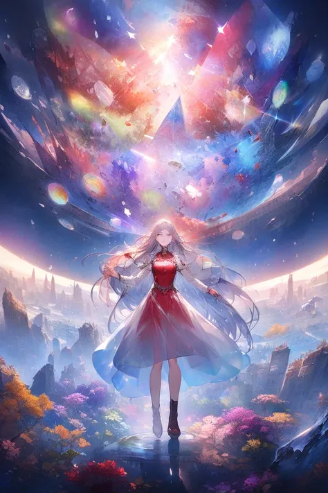  top quality , Super fine, 16k, 2.5D,  Delicate and Dynamic Depiction ,Mars,Floating in the sky,red, long hair,Play sacred sounds with beautiful game characters singing voices,  Transparent, translucent, and rainbow-colored barriers break , Game Production...