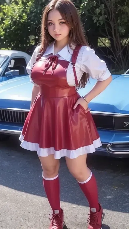 summer camp, full body , fitted curvy figure , cute beautiful short teenage schoogirl, beautiful cute teen face with big lips , High Waisted red leather skater pinafore dress, blouse short puffy sleeves , High Waisted red leather fluffy skater pinafore dre...