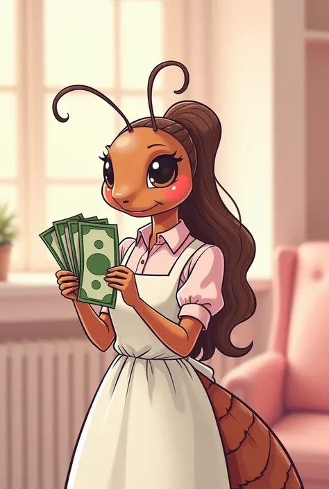  Create an illustration of an elegant cockroach wearing an apron with long hair , tied and wavy and money notes in hand ,She must have a delicate appearance and a beautiful cheerful face ,  Femme Fatale the tone of the colors must be soft more pink the int...