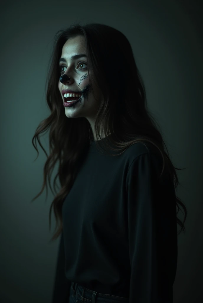 16  year old teen has ghost in her she looks very scary. She has very sharp, teeth eyes very black.gets possessed by a very evil spirit ghost , her eyes red mouth very wide, feeling very scary ghost in her, her veins black the atmosphere is very black dark...