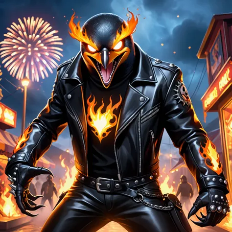 An extremely badass anthropomorphic penguin completely possessed by Ghost Rider at carnival, wearing an insanely cool black leather biker jacket open with metal rivets, black leather biker gloves, fierce, intimidating glowing eyes, enshrouded by intense, d...