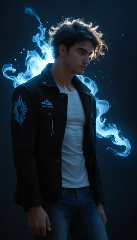 A dramatic silhouette of a man standing with his back turned, gazing towards a horizon filled with deep blue flames and a dimly glowing night sky. The man is in a contemplative pose, wearing a casual jacket and jeans, with slightly messy hair. The blue fla...