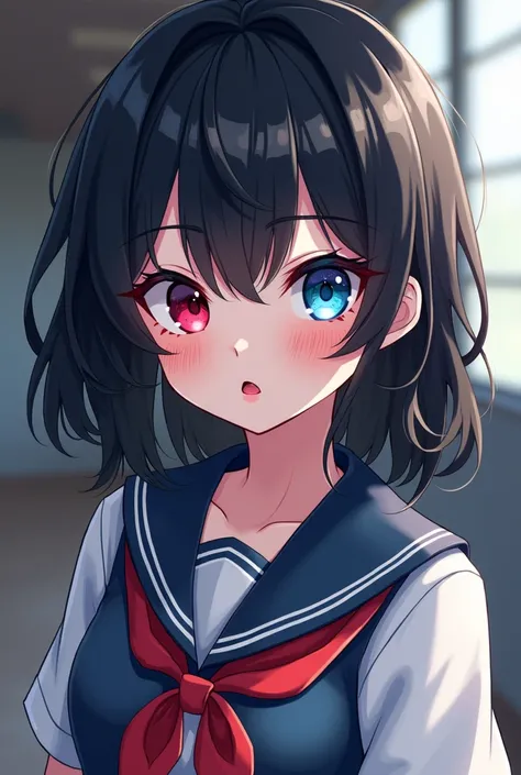 Make a cute anime girl he has a one blue and one red eyes and big black hear and red lips, white skin and red chick. And school dress 