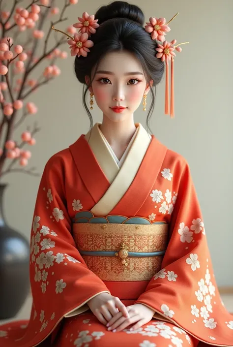 Beautiful Asian woman saying New Years greetings with a Japanese kimono hairstyle　smile　Im wearing Japanese kimono 　
Sitting upright