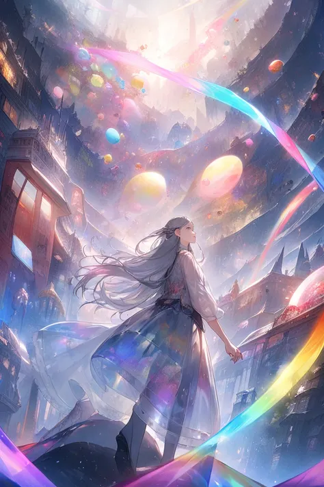  top quality , Super fine, 16k, 2.5D,  Delicate and Dynamic Depiction ,Mars,Floating in the sky,red, long hair,Play sacred sounds with beautiful game characters singing voices,  Transparent, translucent, and rainbow-colored barriers break , Game Production...