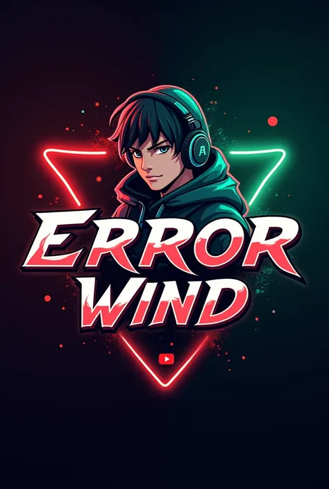 This is a gaming logo that features the name " Error Wind " in a futuristic font and a neon red and green color. and boy Anime avtar, The logo also has a stylized controller icon and a YouTube play button in the background. The logo is designed to be attra...