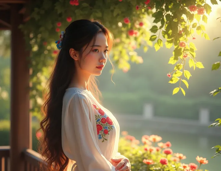 Set in a serene, sun-drenched garden during the early morning, the young Thai woman stands gracefully next to a wooden gazebo draped with climbing vines and colorful flowers. Her long, wavy brown hair cascades over her shoulders, and her white blouse, tied...