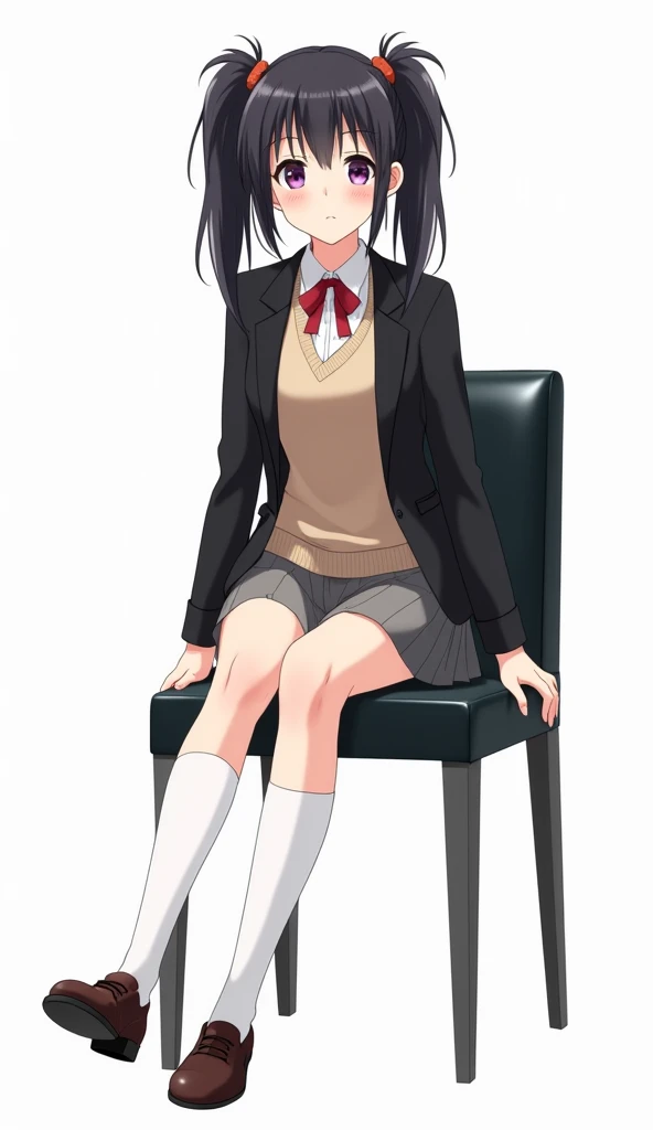 Animated teenage girl with medium long straight black hair and two high ponytails while the rest of her hair falls loose and with purple eyes and wears a black blazer, a sleeveless beige sweater , a white shirt,  a red ribbon , a grey skirt, knee-length wh...