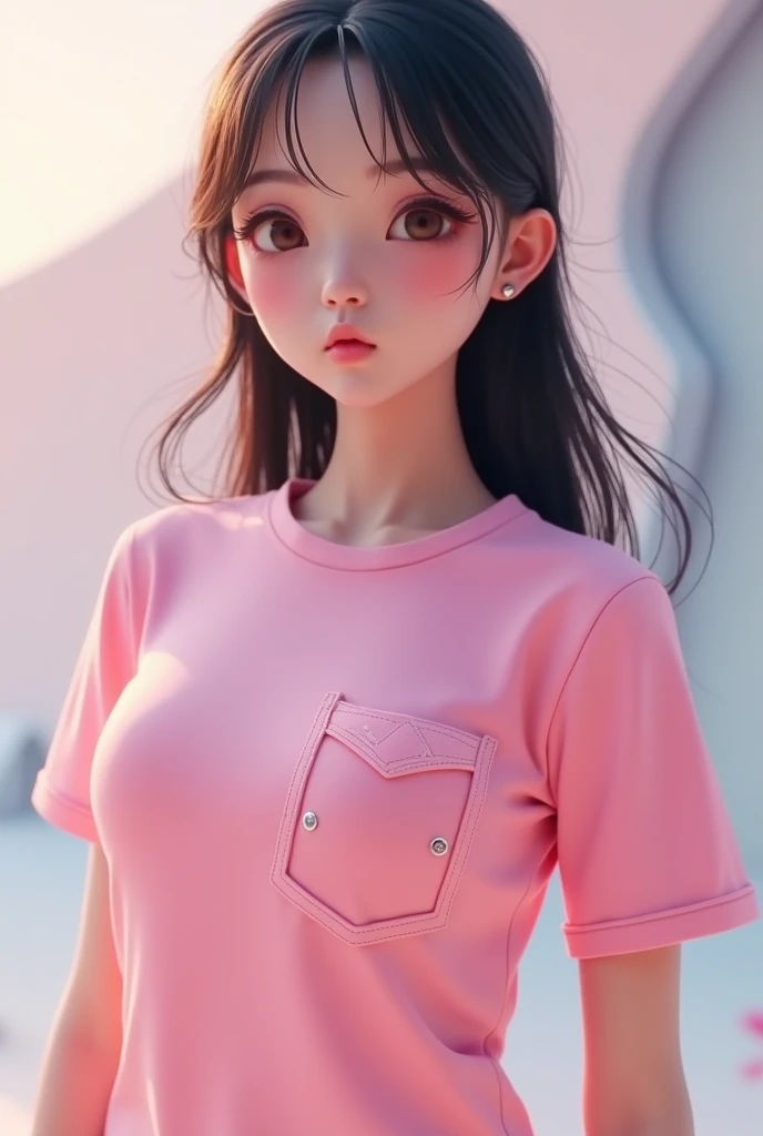 a futuristic style pink t shirt, a big envelope like pocket on the chest, the word "MR CATT" is written on the chest pocket, an Asian beautiful young woman, cute face