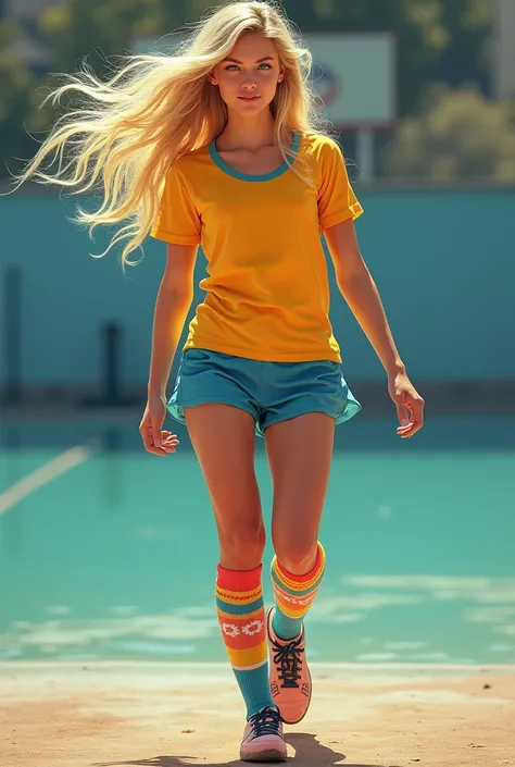 Blonde young woman wearing colored soccer socks on her feet that you can see