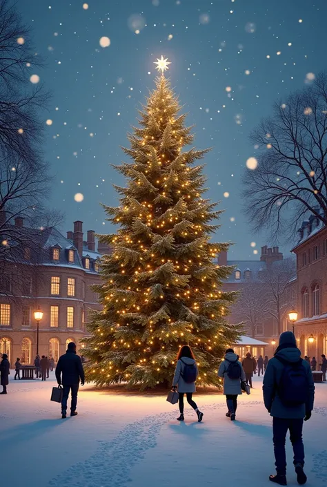 Cambridge University, Christmas celebration, surrounded by snows, students going to University with books and bag packs, snow falls, 8ft Christmas tree, Night look, HD Image 