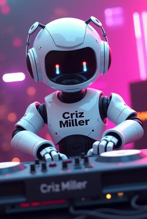  Tiny white robot playing DJ with logo "Criz Miller " in the chest. 