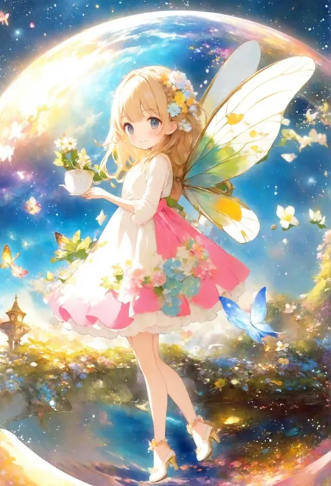 anime smiling girl with a flower in her hand and a butterfly in her hand, smiling as a queen of fairies, beautiful fantasy anime, portrait of a fairy, astral fairy, beautiful fairy, splash art anime loli, space flower fairy, official artwork, beautiful fai...