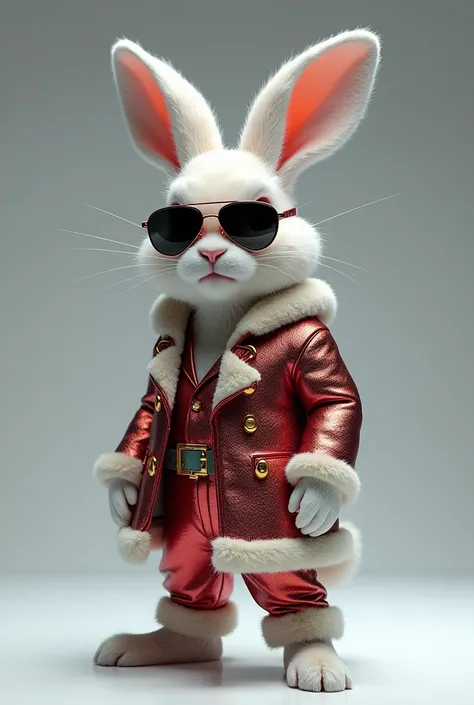 Bunny in modern, sleek Santa suit with shiny, metallic fabric and trendy, sunglasses