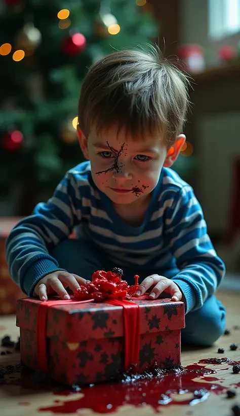  A boy of about  is kneeling in front of a gift that seems to vibrate and emit a throaty whisper.  His skin is pale and translucent ,  with black veins marked as roots of a cursed tree .  He has a huge scar that crosses his face from the forehead to the ch...