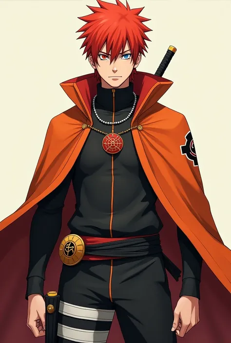 Naruto_uzumaki,naruto_shippuden,orange and black cloak,badass clothes,cocky,katana wrapped in talisman,one eye is a rinnegan,the other is eye normal,handsome,High Resolution, Looking at viewer, Accurate, red hair,Best Quality, Anatomically Correct, Masterp...