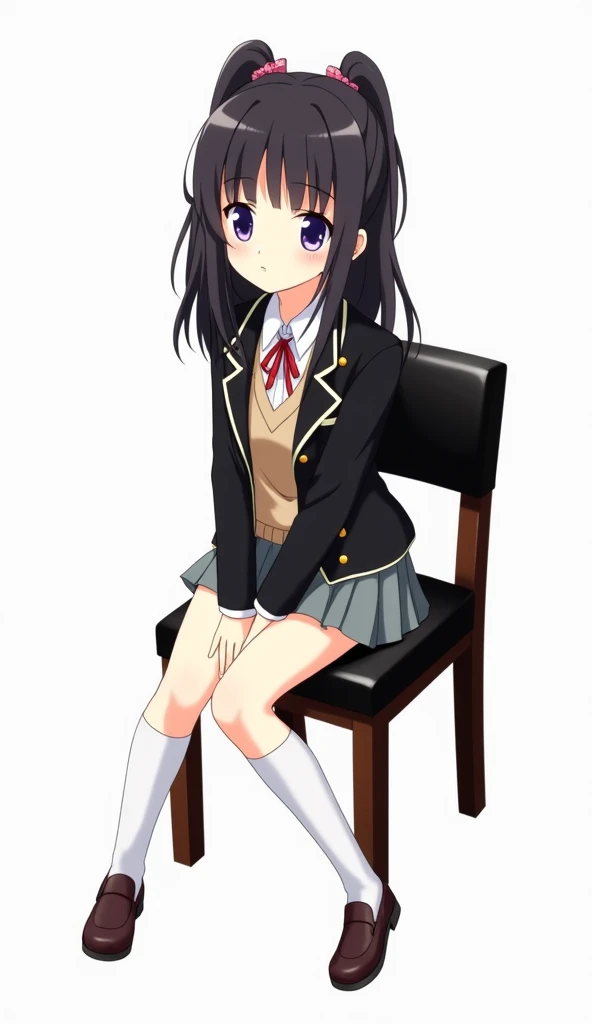 Animated teenage girl with medium long straight black hair and two high ponytails, while the rest of her hair falls loose and with purple eyes, and wears a black blazer with gold buttons., a sleeveless beige sweater , a white shirt,  a red ribbon , a grey ...